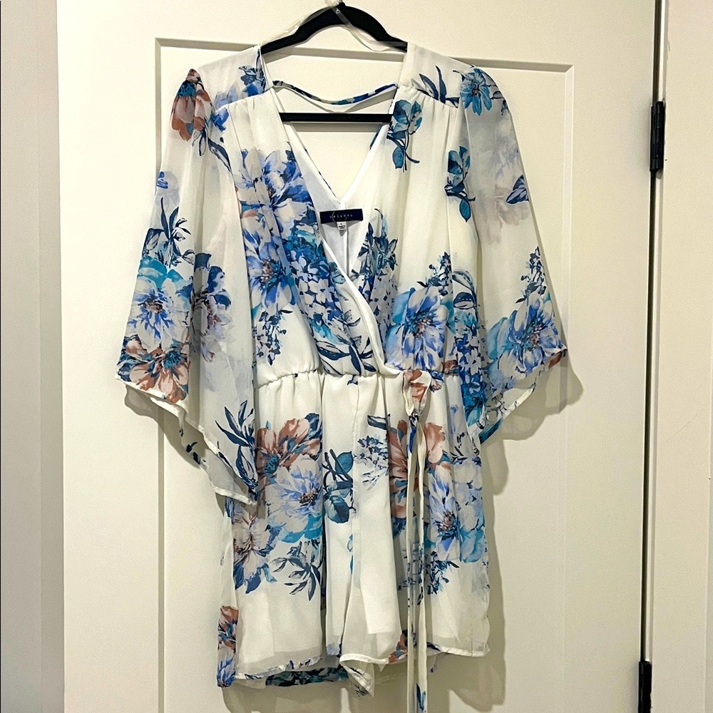 Wish Blue and White Floral Wrap Blouse